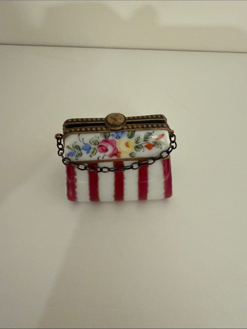 Limoges Mini Porcelain Bag with Red Stripes and Floral Lid